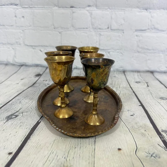 Vintage Brass Goblet Set with Tray - Picture 2 of 11